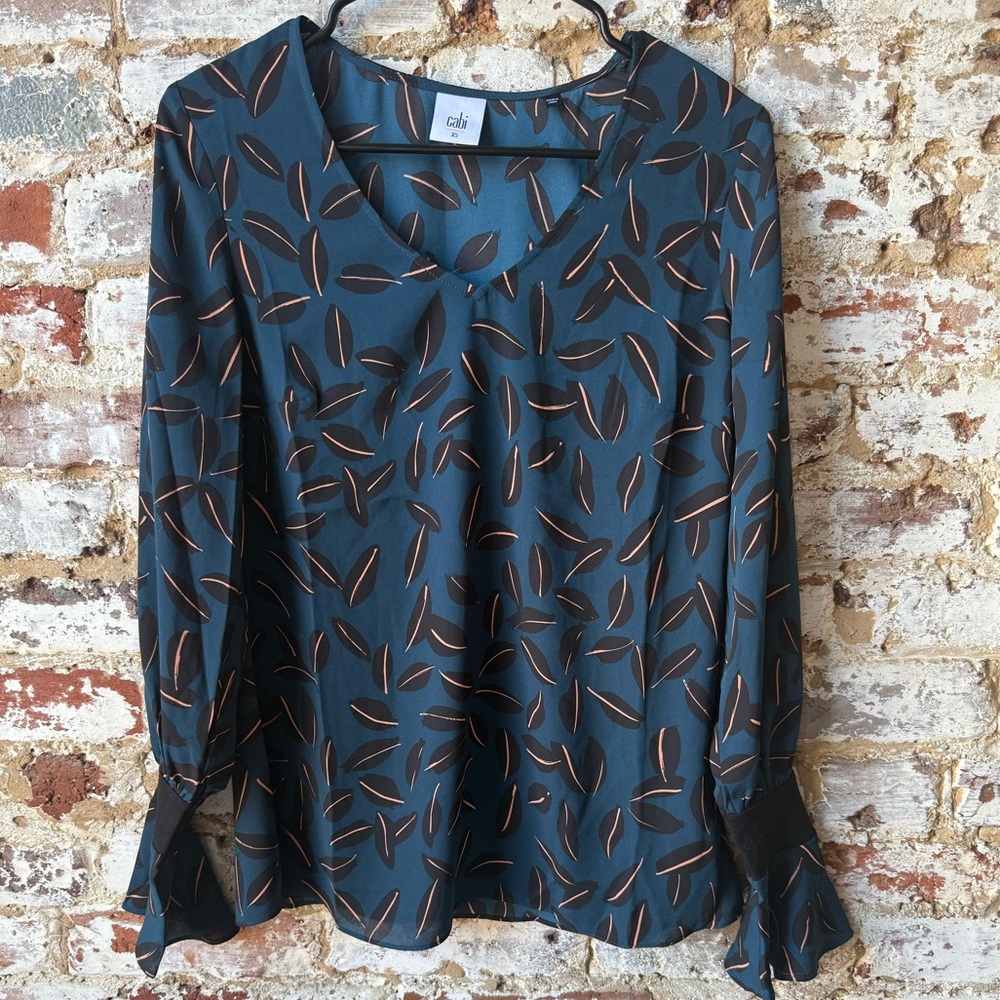 CAbi Teal and Brown Leaf Pattern Blouse